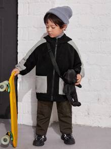 SHEIN Young Boy Two Tone Dual Pocket Drop Shoulder Teddy Coat - Black - View 4