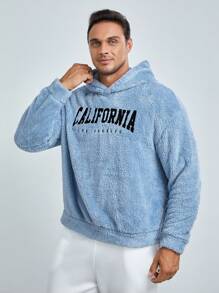 GENTILAND Loose Fit Men's Plus Size Letter Embroidery Drop Shoulder Fleece Hoodie - Blue - View 1