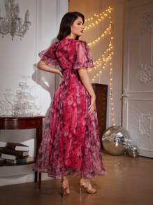 SHEIN Belle 印花泡泡袖網紗覆蓋洋裝 - 彩色 - 查看 2