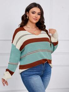 SHEIN LUNE 大碼條紋圖案落肩袖套頭毛衣 - 彩色 - 查看 5