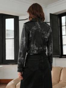 Anewsta Flap Pocket Zip Up PU Leather Moto Jacket - Black - View 2