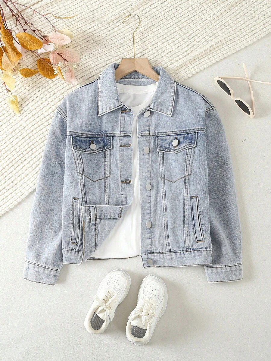 Cô gái Tween 1 Miếng Chi tiết về Flap Áo khoác denim - Rửa nhẹ - Xem 1