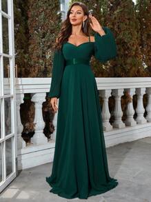 UNITHORSE Vai lạnh Tay áo lồng đèn Chiffon Đầm vũ hội - Màu xanh lá cây đậm - Xem 4