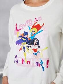 JUSTICE LEAGUE X SHEIN Cartoon & Letter Pattern Drop Shoulder Sweater - Putih - View 7