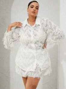 SHEIN SXY 大碼毛茸邊襯衫和短褲 - 白色 - 查看 1