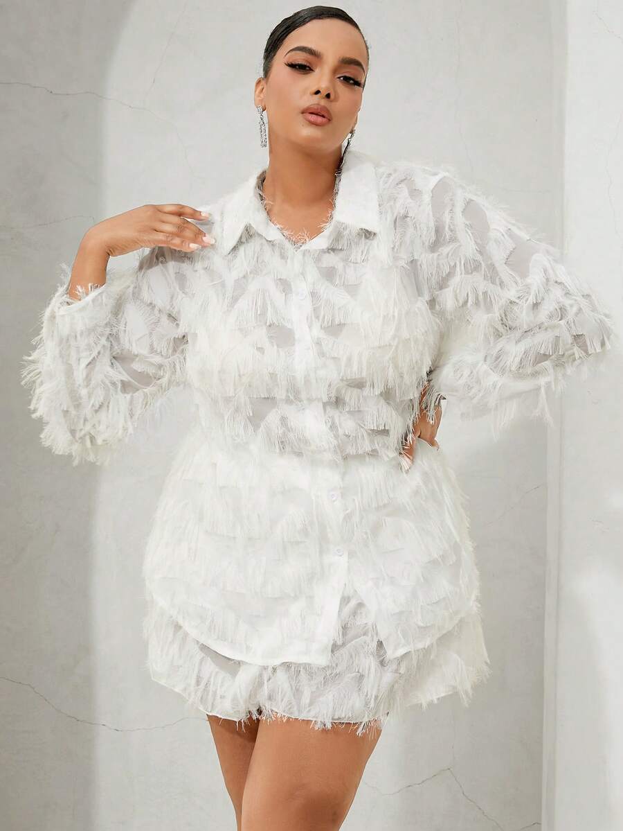 SHEIN SXY 大碼毛茸邊襯衫和短褲 - 白色 - 查看 1