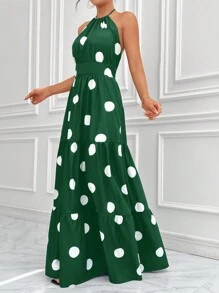 SHEIN Privé 波點圖案荷葉邊繞頸露背荷葉邊洋裝 - 墨綠色 - 查看 5