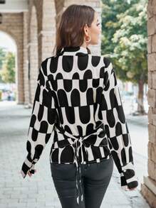 GENKIRA Allover Print Crossover Front Shirt - Black and White - View 2