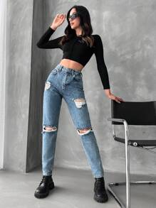 EURMUSE Cao eo Quần jean rách phù hợp với mẹ - Màu xanh lam - Xem 3