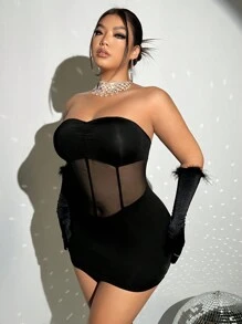 SHEIN ICON 大碼網紗拼接抹胸緊身連衣裙無手套 - 黑色 - 查看 5