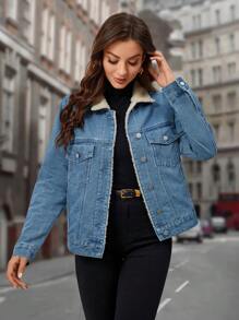 EMERY ROSE Flap Detail Teddy Lined Denim Jacket - Teal Blue - View 1