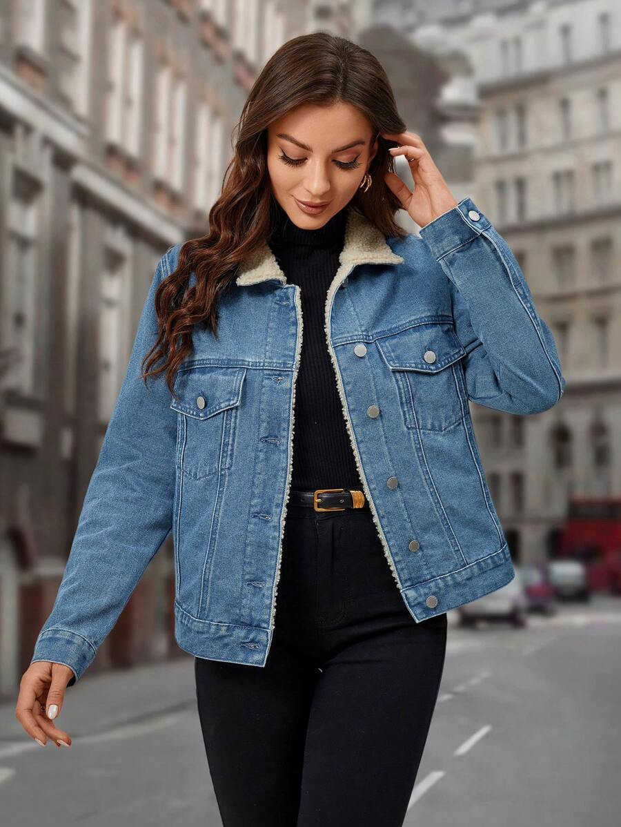 EMERY ROSE Flap Detail Teddy Lined Denim Jacket - Teal Blue - View 1