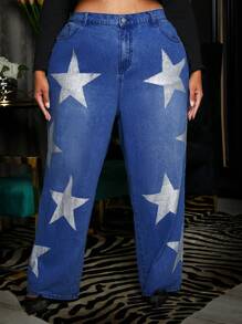 SHEIN CURVE+ Plus Star Print Wide Leg Jeans - Dark Wash - View 4
