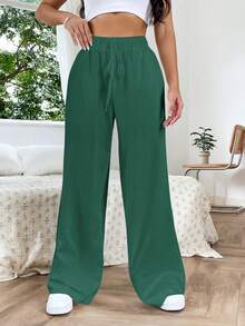 Muchica Solid Knot Waist Wide Leg Pants - Dark Green - View 7