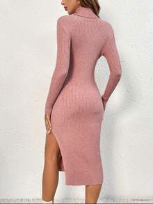 SHEIN Frenchy Turtleneck Split Thigh Sweater Dress - Dusty Pink - View 2