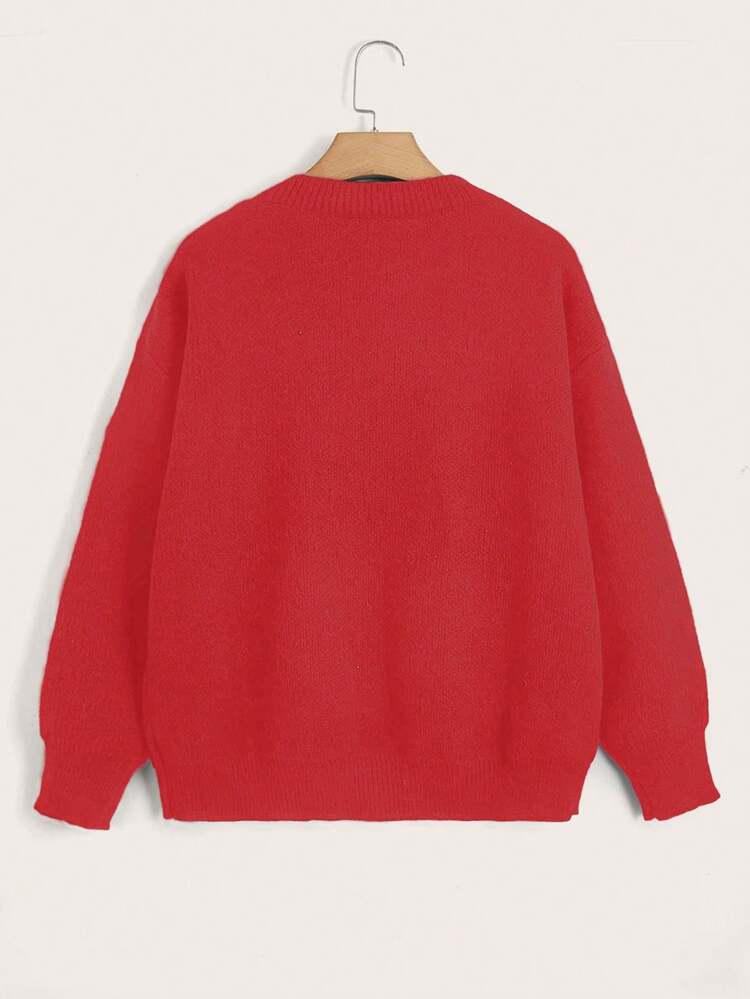 Plus Letter Flocking Drop Shoulder Sweater Knit Pullover Fall Winter Sweater