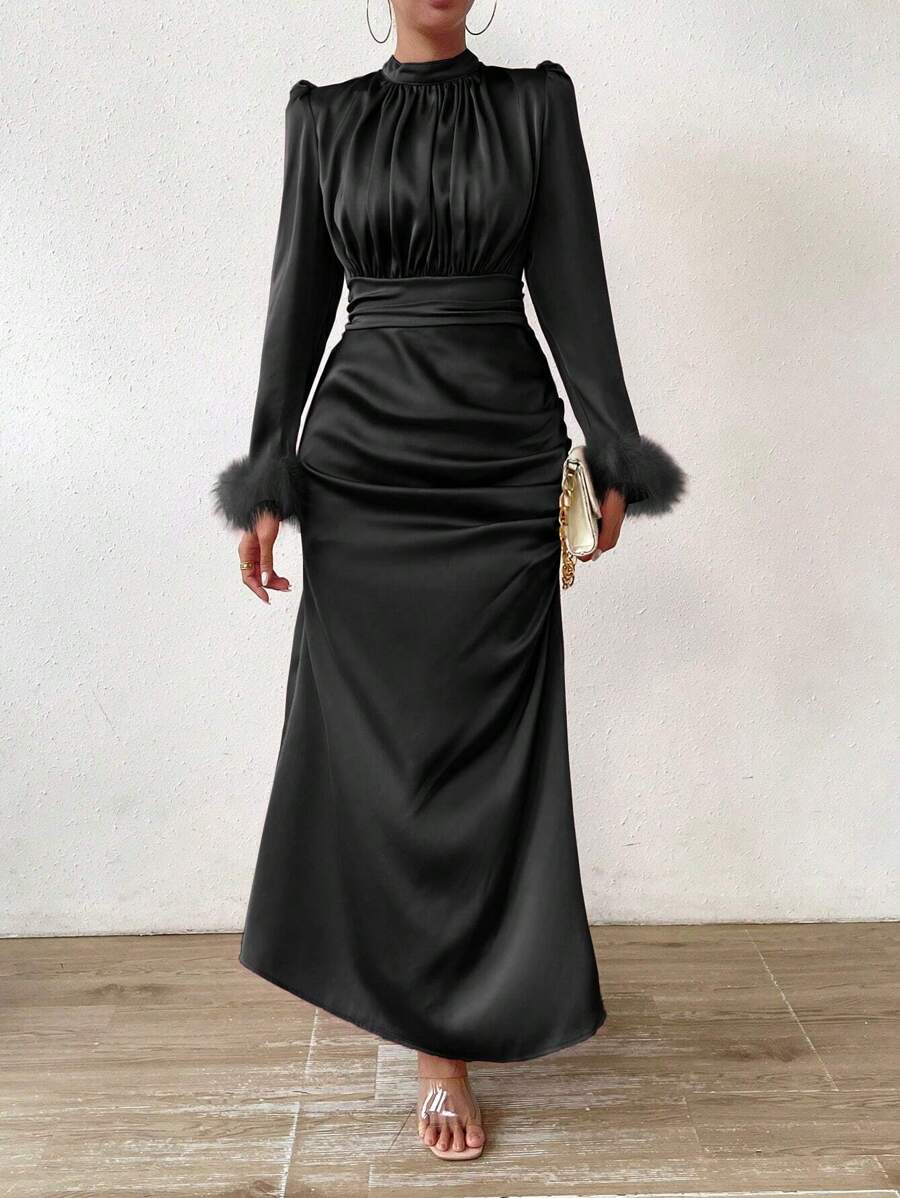 SHEIN Raffinéa Fuzzy Cuff Ruched Mock Neck Dress Maxi Women Outfit Fall Cloth For Women - Black - View 1