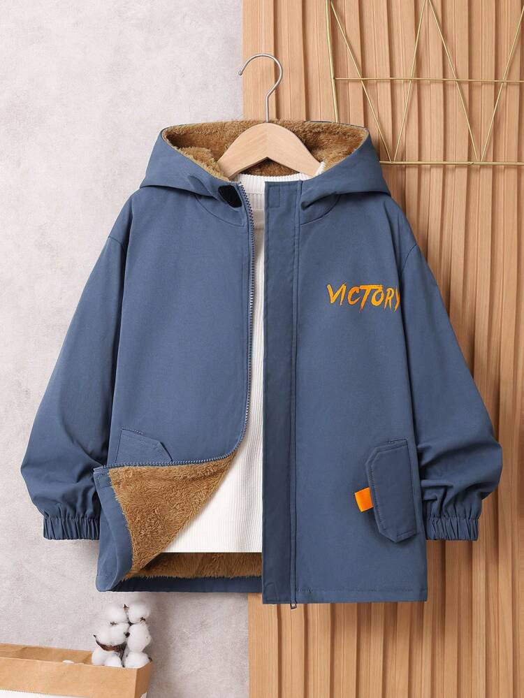 Tween Boy Letter Graphic Flap Detail Plush Lined Hooded Coat