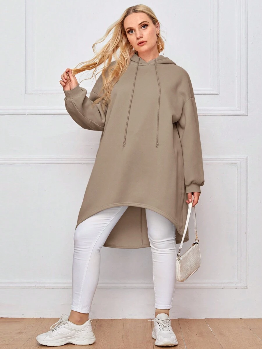 Mulvari Plus Drop Shoulder High-low Hem Drawstring Hoodie - Khaki - View 1