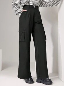 Seusyu Flap Pocket Side Cargo Pants - Black - View 5