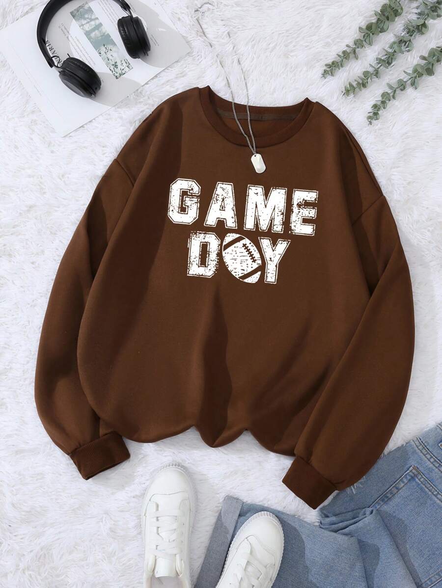 SHEIN EZwear 字母圖案加絨內裏運動衫 - 咖啡棕 - 查看 1