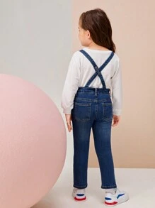 Chica Joven 1 pieza Petos mezclilla con bolsillo oblicuo - Azul lavado oscuro - Ver 2