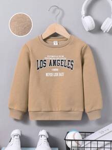 SHEIN 男小童字母圖案加絨內裏運動衫 - 卡其色 - 查看 1