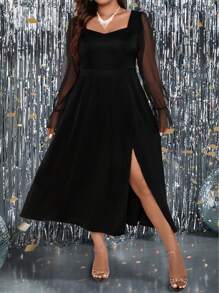 SHEIN Clasi 大碼網紗拼接高衩洋裝 - 黑色 - 查看 6