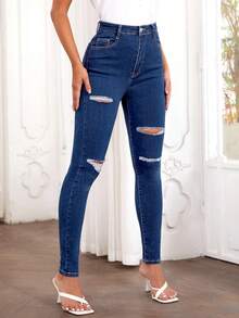 SHEIN EZwear Cao eo Quần jean rách - Rửa tối - Xem 3