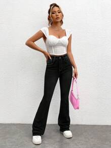 SHEIN EZwear Rhinestone and Embroidery Detail Flare Leg Jeans - Black - View 6