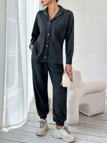 SHEIN Essnce Drop Shoulder Pocket Patched Shirt & Sweatpants - Dark Grey - View 3