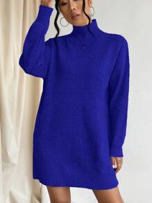 EURMUSE High Neck Solid Color Sweater Dress (belt Not Included) - Blue - View 6