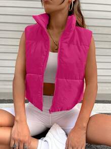 SHEIN Coolane Zip Up Sleeveless Vest Coat,Ladies Late Fall Casual Zipper Funnel Neck Regular Fit Black Plain Women Winter Coats,Winter Warmth/ Winter Fashion - Red - View 1