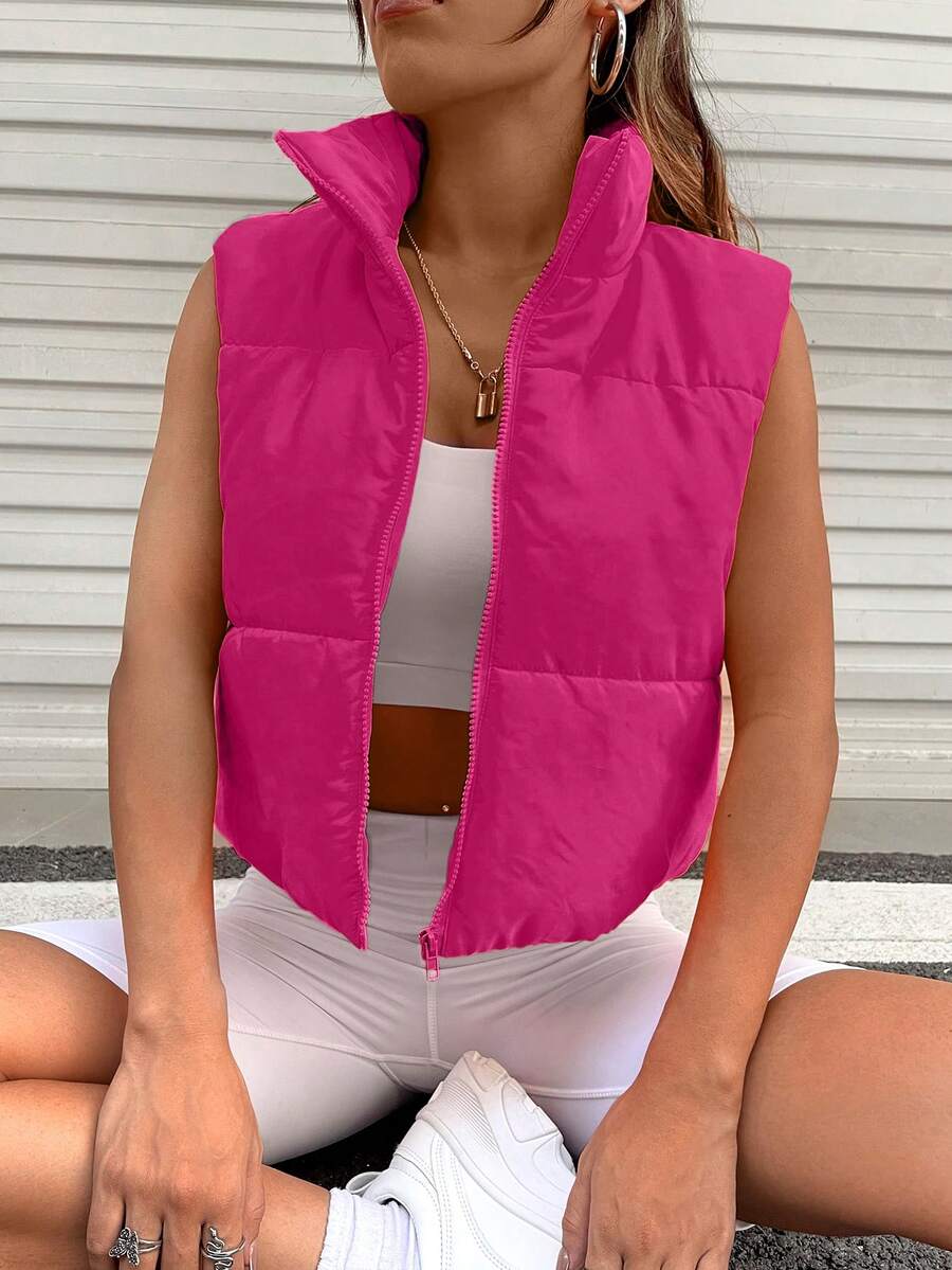 SHEIN Coolane Zip Up Sleeveless Vest Coat,Ladies Late Fall Casual Zipper Funnel Neck Regular Fit Black Plain Women Winter Coats,Winter Warmth/ Winter Fashion - Red - View 1