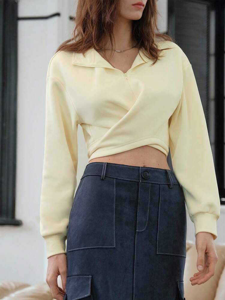 Solid Wrap Cross Crop Sweatshirt Pullover Fall Sweatshirt