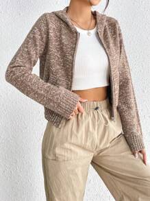 SHEIN EZwear Marled Knit Drop Shoulder Hooded Cardigan - Coffee Brown - View 5