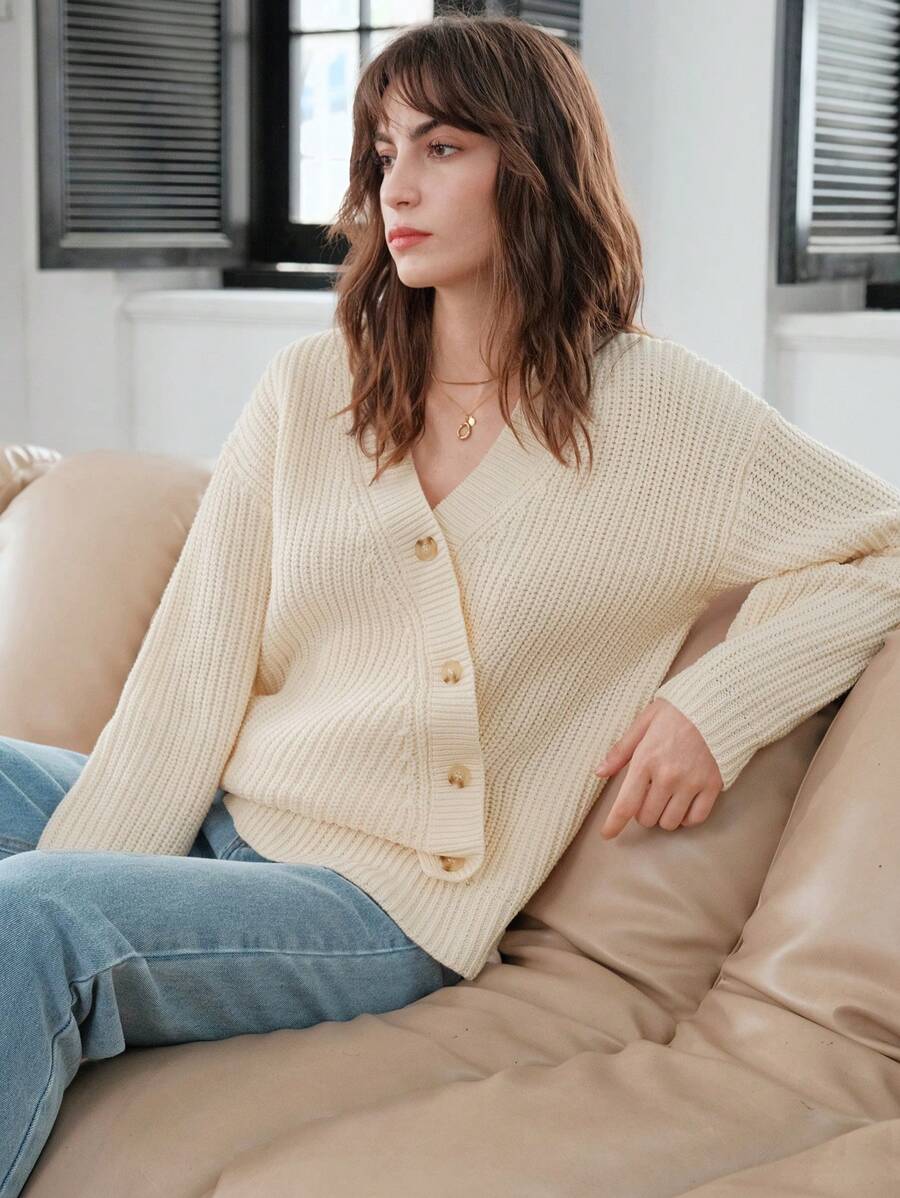 Anewsta Cárdigan de hombros caídos cruzado tapeta con botón - Albaricoque - Ver 1