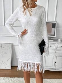 SHEIN Clasi Fringe Trim Sweater Dress - White - View 4