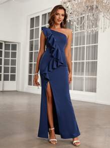 SHEIN Belle One Shoulder Ruffle Trim Split Thigh Dress - Blue - View 4
