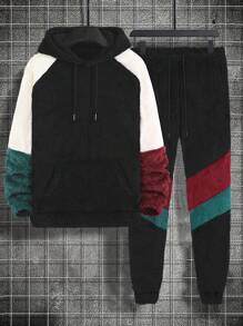 Manfinity Homme Men Color Block Kangaroo Pocket Drawstring Hoodie & Sweatpants - Multicolor - View 1