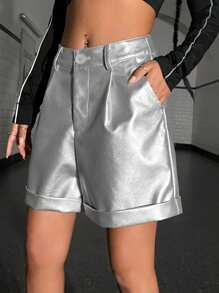 SHEIN EZwear 卷邊PU皮革短褲 - 銀色 - 查看 4