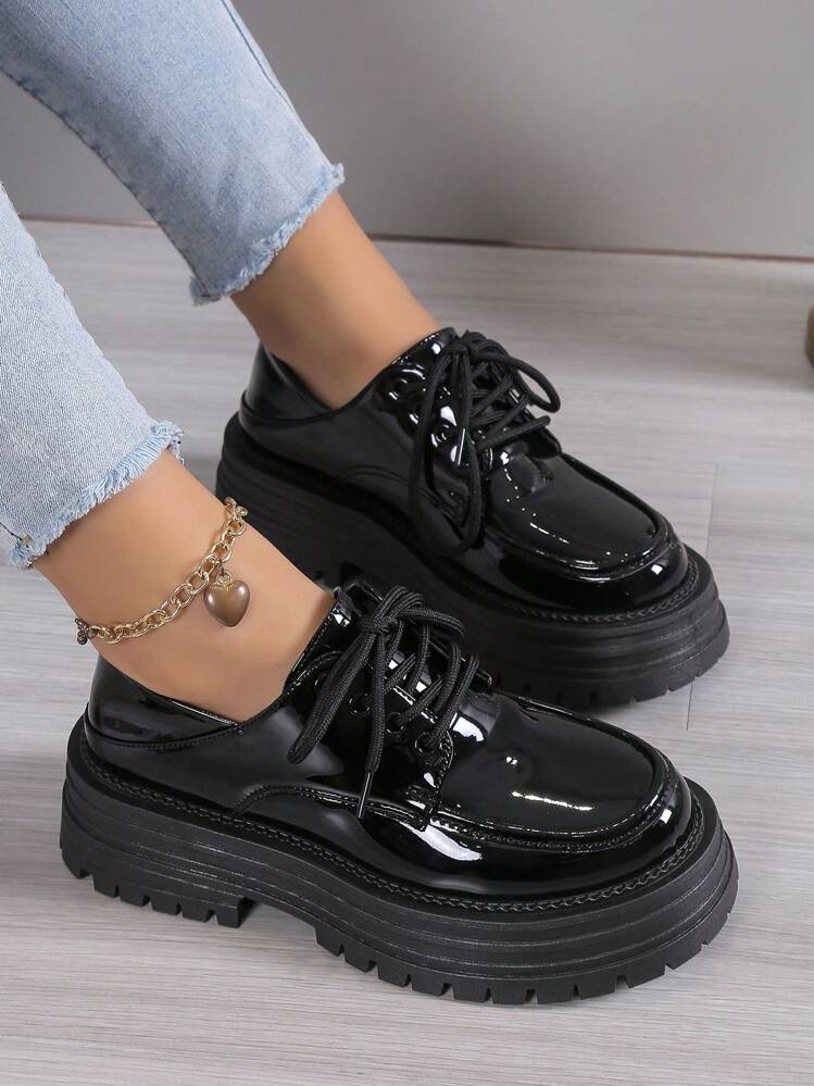 Toddler Girls Double Wear Pu Leather Shoes Round Toe Mary Jane Oxford Shoes With Thick Sole Casual British Style Lace up Closure Increased Height SHEIN ASIA