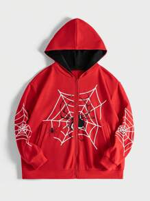 Flirla Plus Size Spider Web Print Zip Up Sweatshirt - Red - View 3