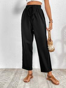SHEIN VCAY Tie Waist Straight Leg Pants - Black - View 6