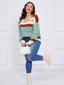 SHEIN LUNE 大碼條紋圖案落肩袖套頭毛衣 - 彩色 - 查看 3
