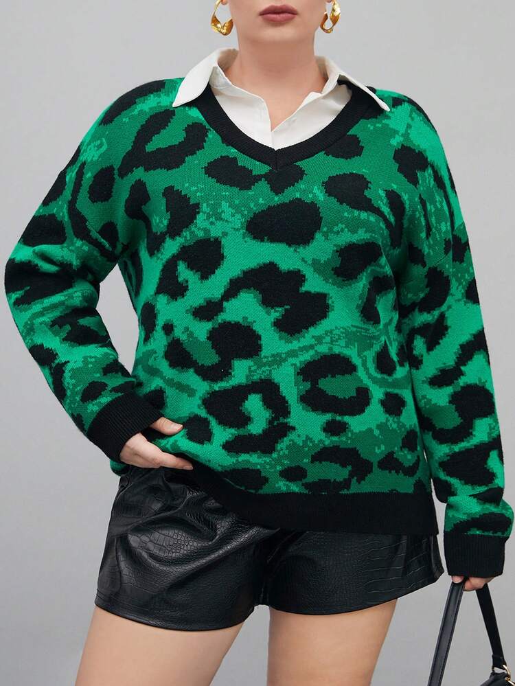 Plus Leopard Pattern Drop Shoulder Sweater Without Blouse