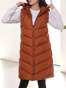 EURMUSE Solid Zip Up Hooded Puffer Vest Coat - Camel - View 3