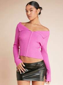 SHEIN BAE 折邊一字肩拉鏈開襟短款開衫 - 玫紅色 - 查看 6