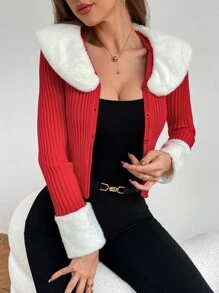 SHEIN Privé 羊絨領口條紋針織前紐扣開襟衫 - 紅白色 - 查看 3