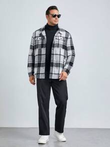 Manfinity VCAY Men's Plus Size Woven Casual Plaid Woolen Shacket, For Fall Winter - Black and White - View 3